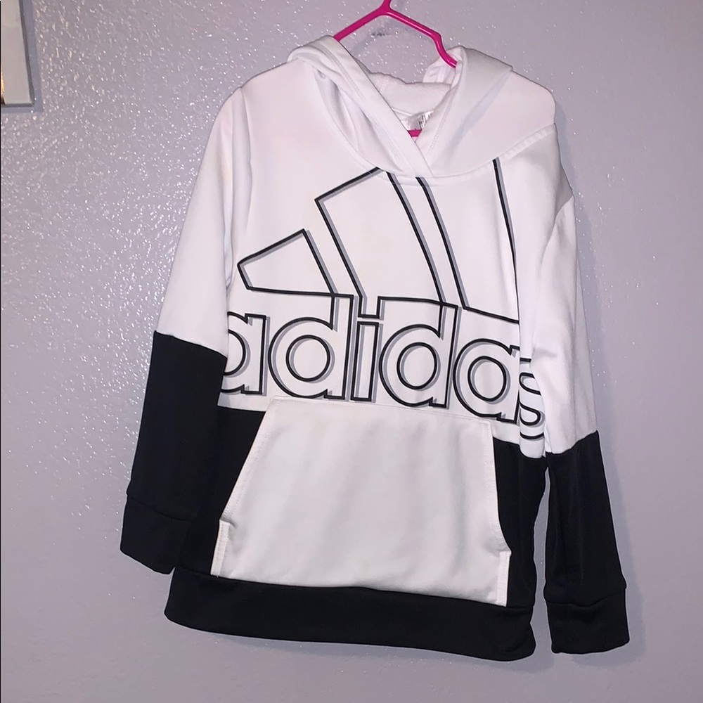Adidas Unisex Kid's 8 Black White Long Sleeve Color Block Hooded Sweatshirt